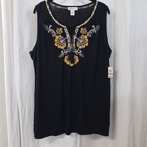 Style & Co 3X Black Slub Knit Embroidered Tank Top Yellow Floral Boho Design